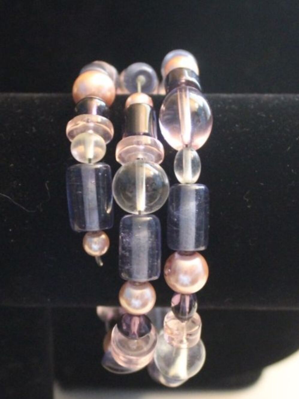 Multi-wrap Memory Wire Purple Blue Clear and Pearl Glass Bead Bracelet